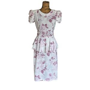 Vintage 80s T Juniors Mauve Cream Floral Sheer Midi Dress Women’s S